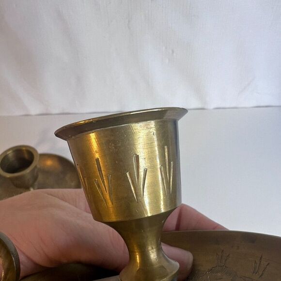 Pair Vintage Brass Candlestick Chamber Stick Finger Holder MCM Etched Floral - Picture 10 of 14